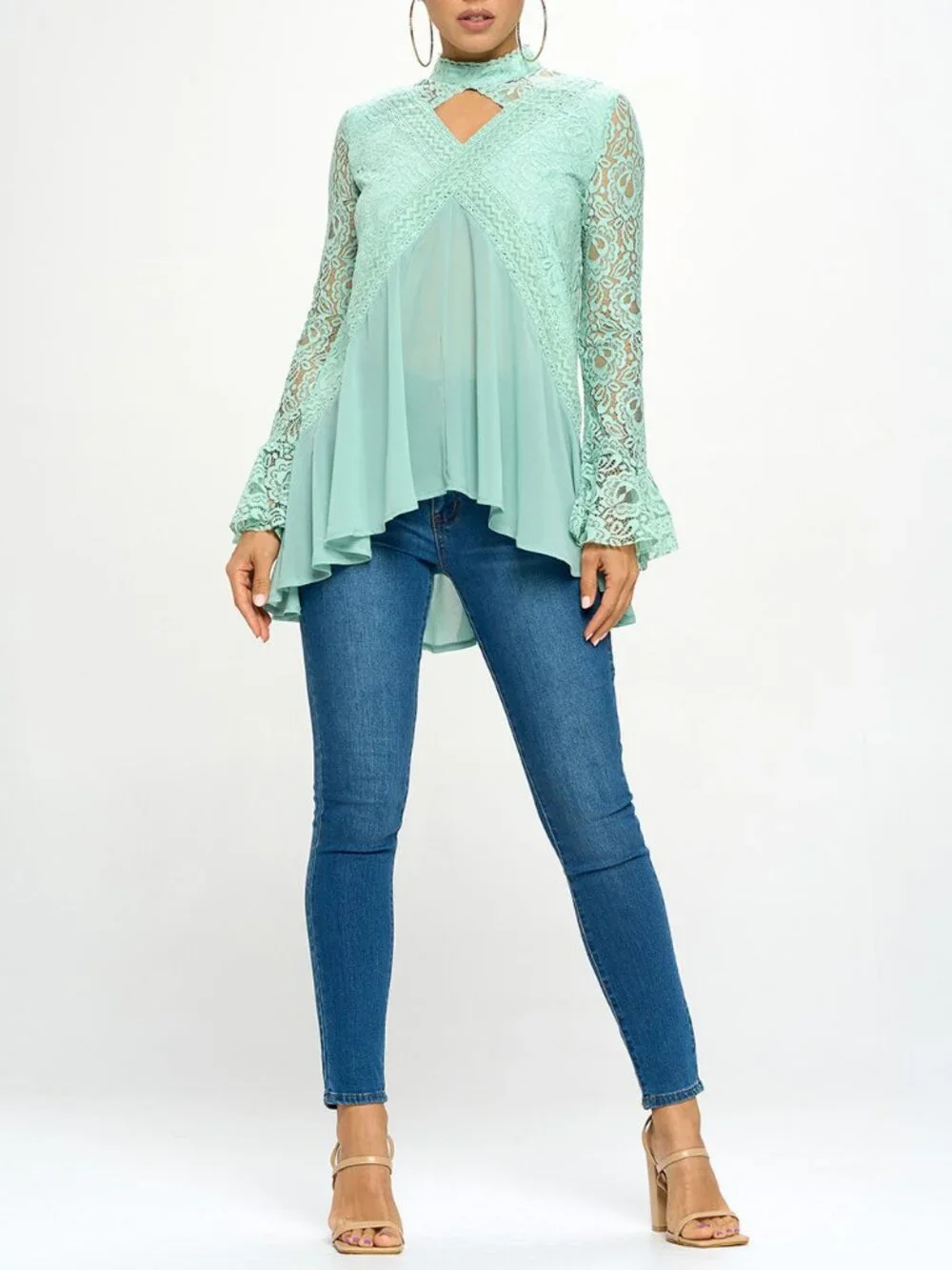 Oh Yes Flowy Lace Trim High Neck Keyhole Tunic Top Long Sleeve White New - Picture 6 of 14